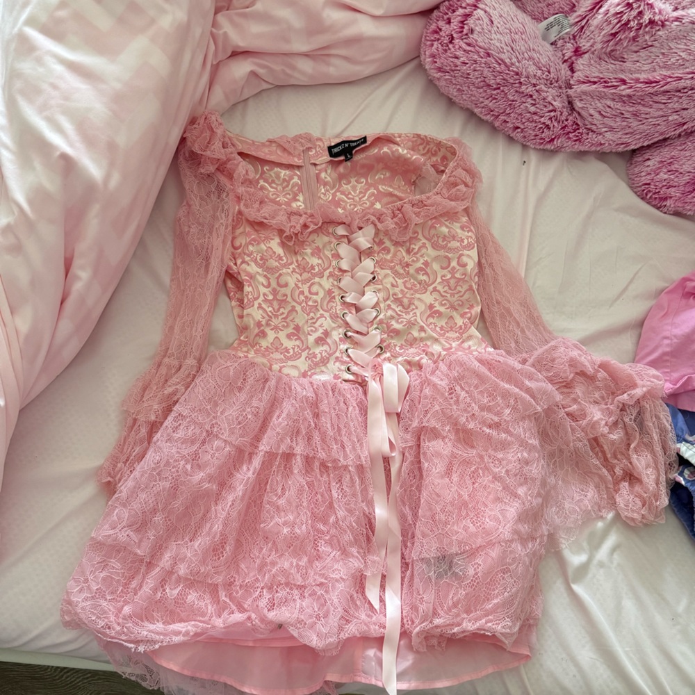 Pink Dollskill ruffle tiered lace corset dress